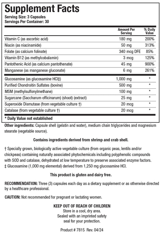 Biotics Research ChondroSamine Plus label close-up showing connective tissue ingredients.