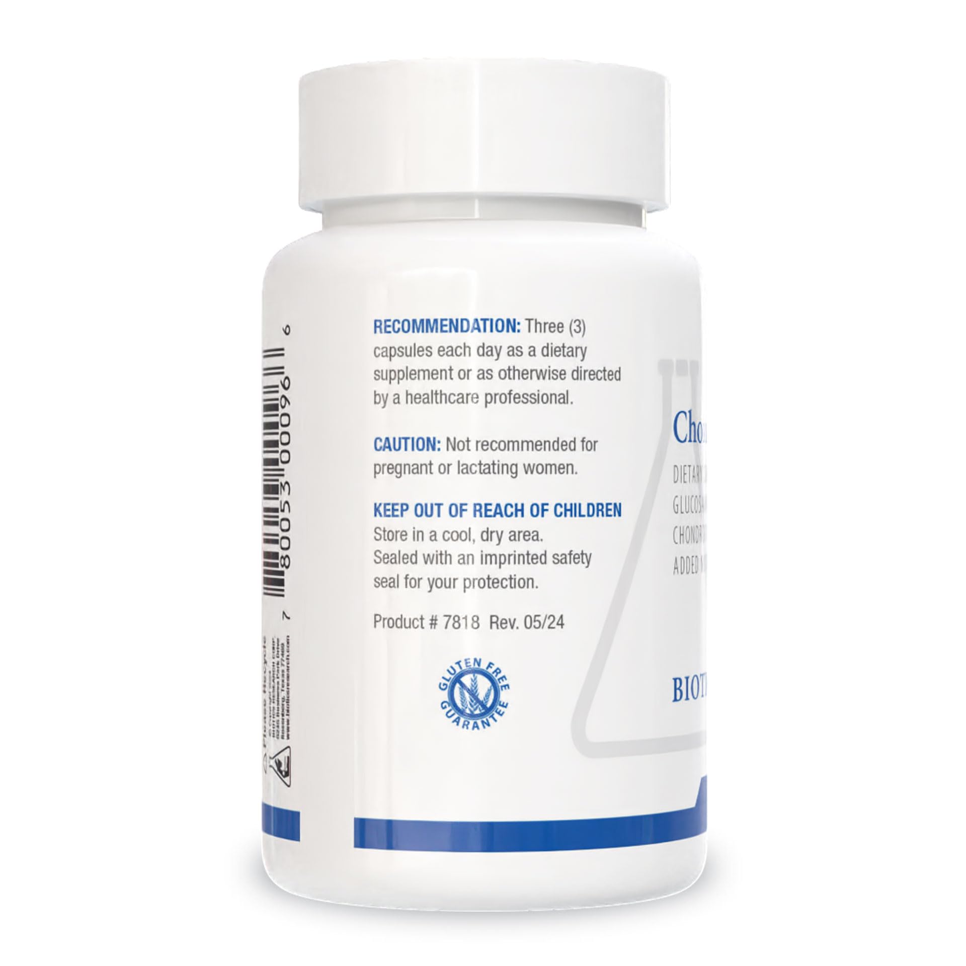 Biotics Research ChondroSamine-S bottle back view detailing ingredients and recommended use for joint support.
