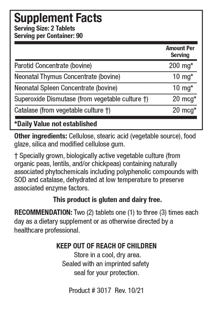 BIOTICS RESEARCH Cytozyme Parotid TS label close-up highlights antioxidant enzymes.