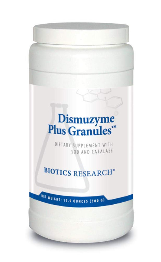 Biotics Research Dismuzyme Plus granules pour bottle showing easy dosing and antioxidant support.