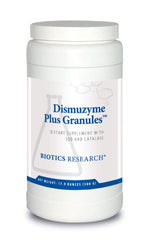 Biotics Research Dismuzyme Plus granules pour bottle showing easy dosing and antioxidant support.