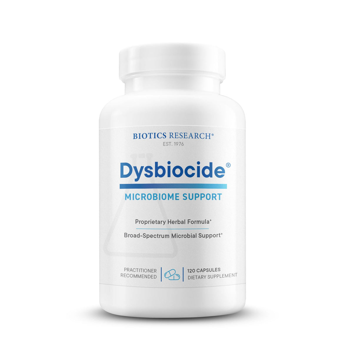 Biotics Research Dysbiocide bottle label highlighting gut healing support