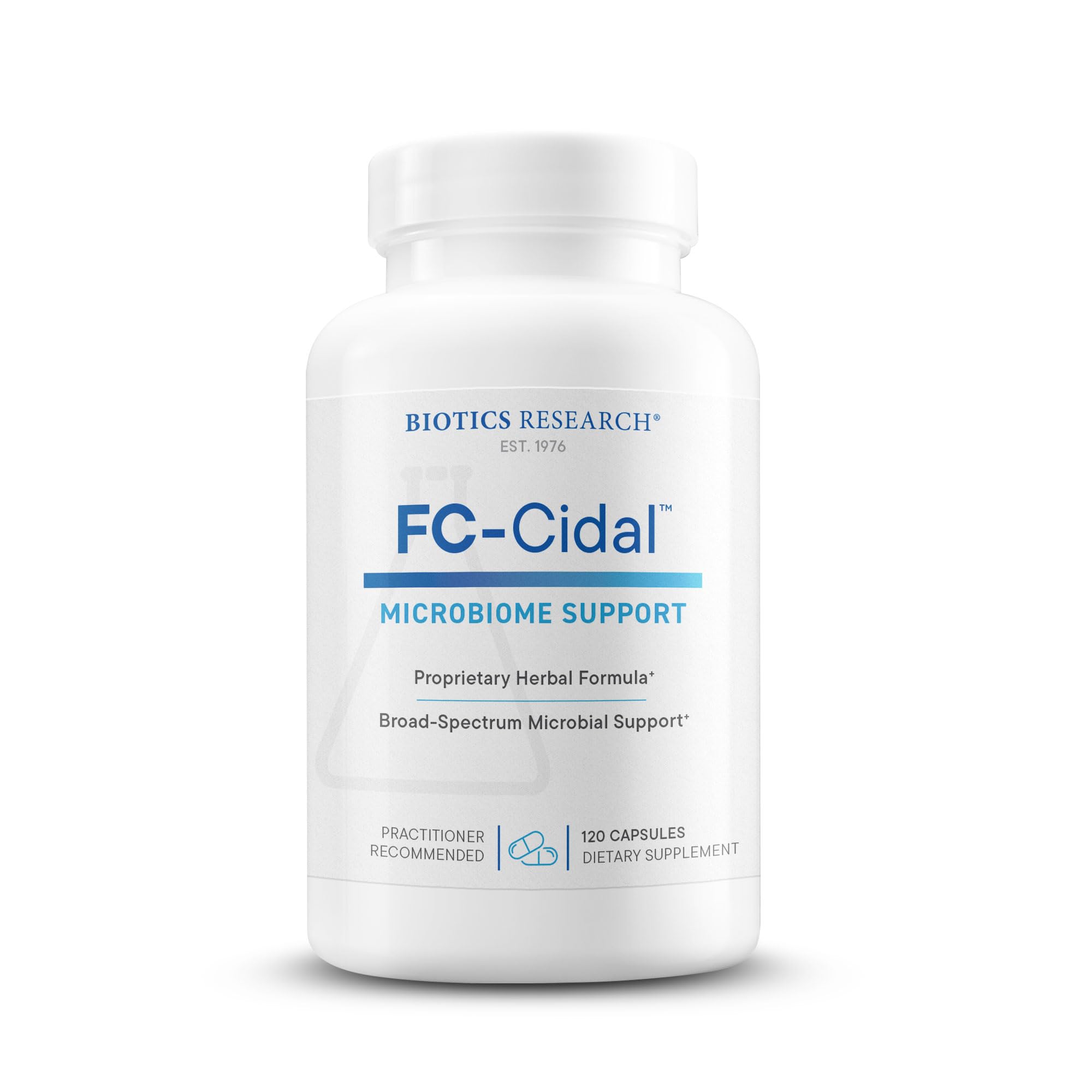 Biotics Research FC-Cidal bottle closeup showing 120 capsules for gut health