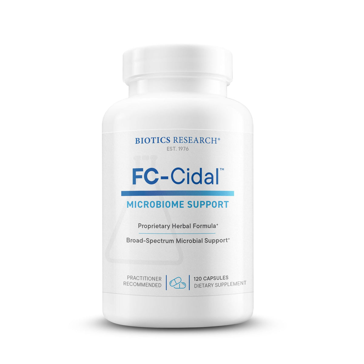 Biotics Research FC-Cidal bottle closeup showing 120 capsules for gut health