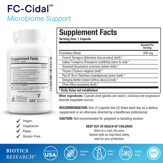 Biotics Research FC-Cidal capsules pack on display for gut support