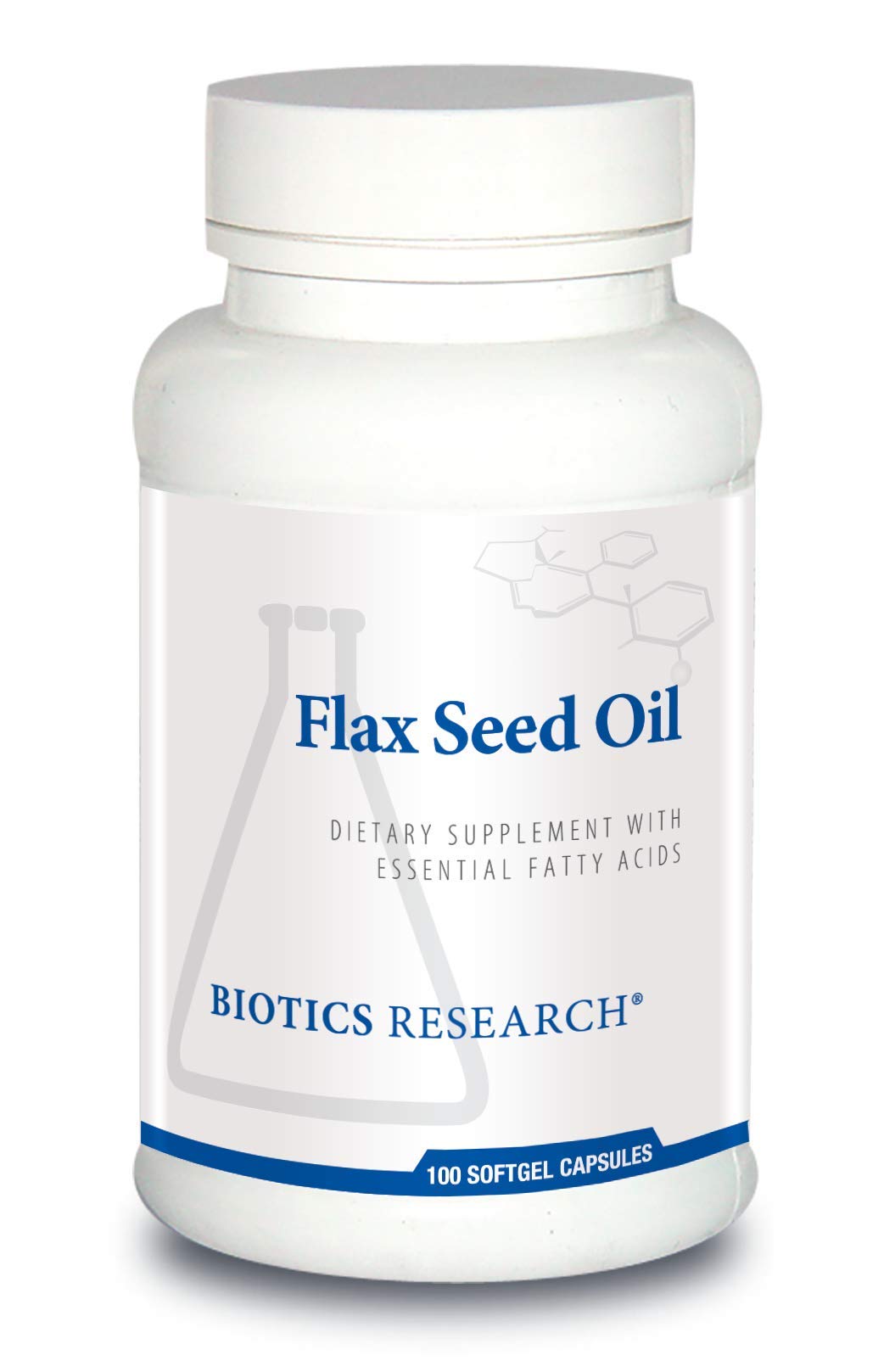 Biotics Research flax seed oil bottle front showing cold-pressed organic formula for heart health.