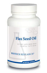 Biotics Research flax seed oil bottle front showing cold-pressed organic formula for heart health.