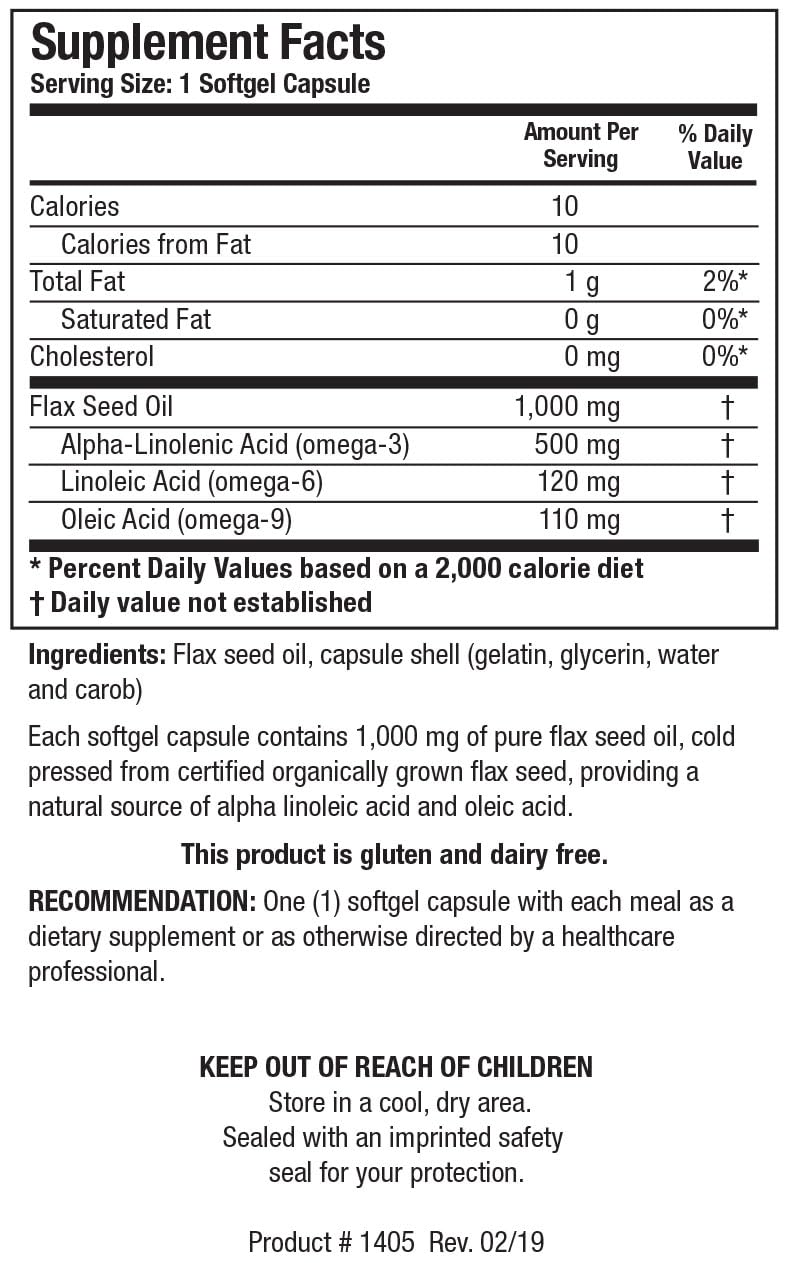Capsules closeup of Biotics Research flax seed oil, highlighting 1,000 mg per capsule.