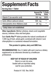 Biotics Research Garlic Plus tablets close-up highlighting allicin content