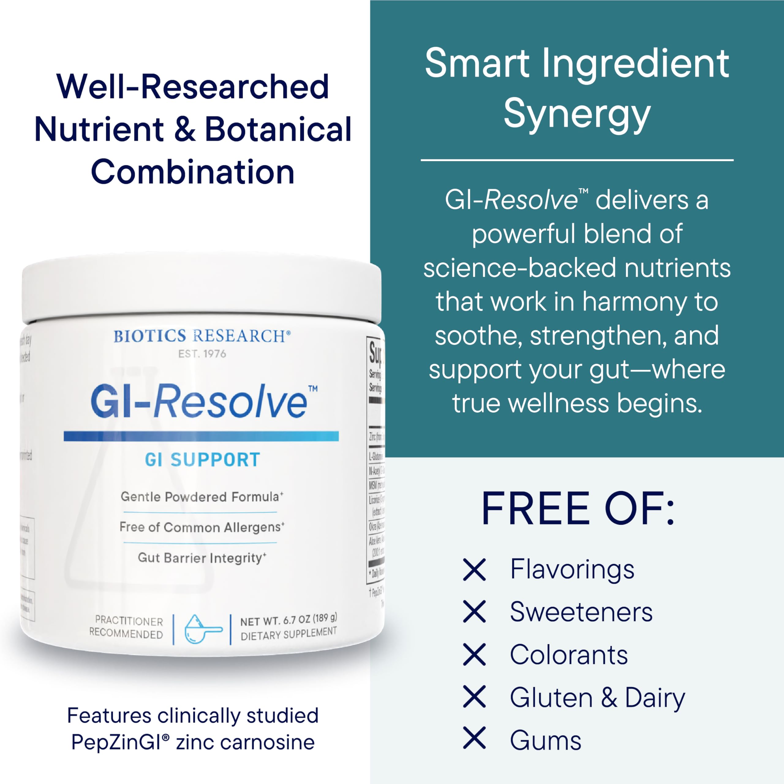GI Resolve ingredients close-up show zinc carnosine and L-glutamine