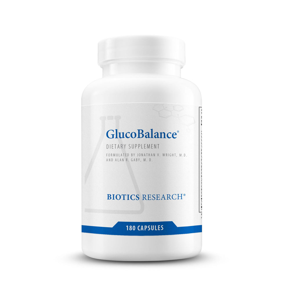 Biotics Research GlucoBalance bottle with capsules for metabolic health support
