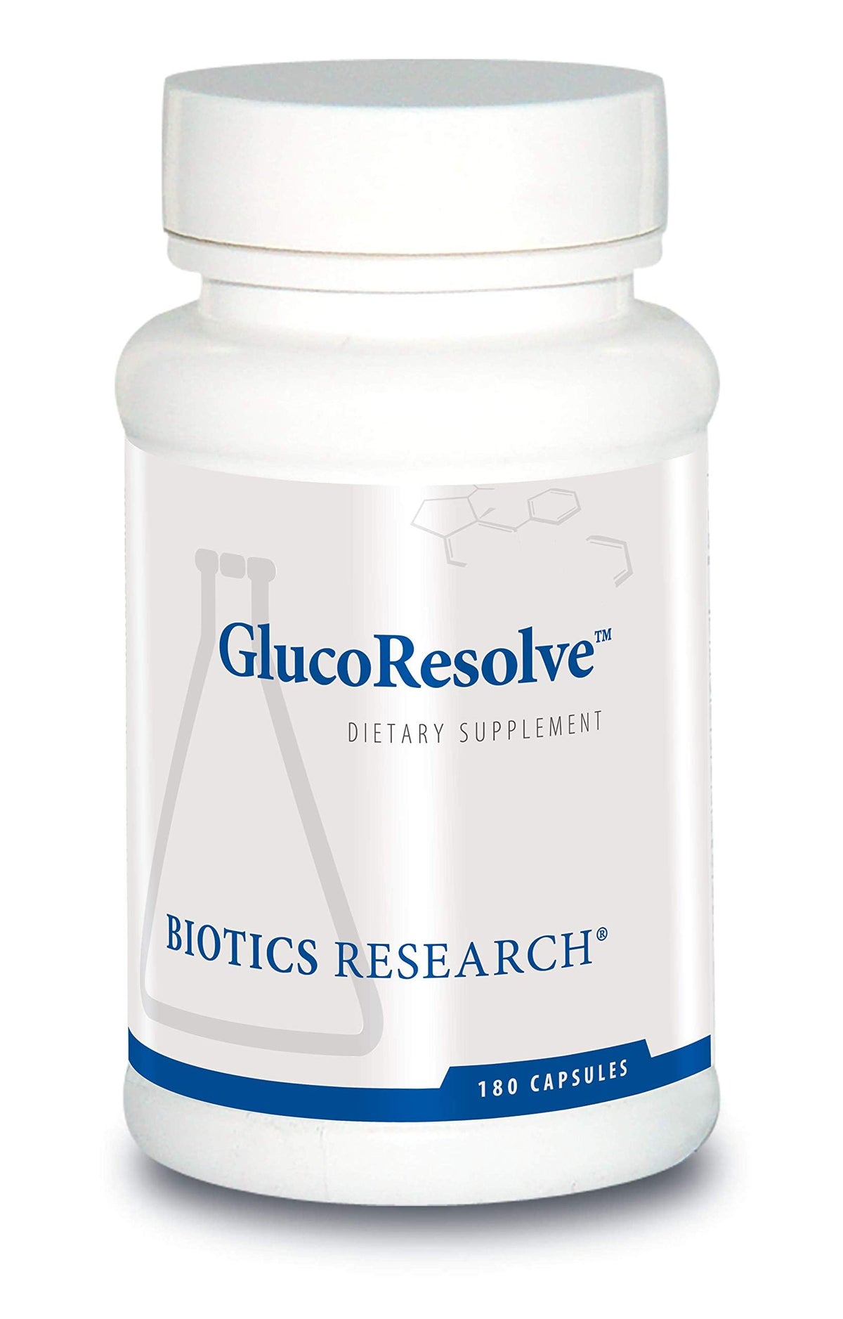 Biotics Research GlucoResolve bottle label highlights comprehensive daily nutrition for foundational wellness.