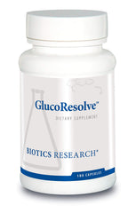 Biotics Research GlucoResolve bottle label highlights comprehensive daily nutrition for foundational wellness.