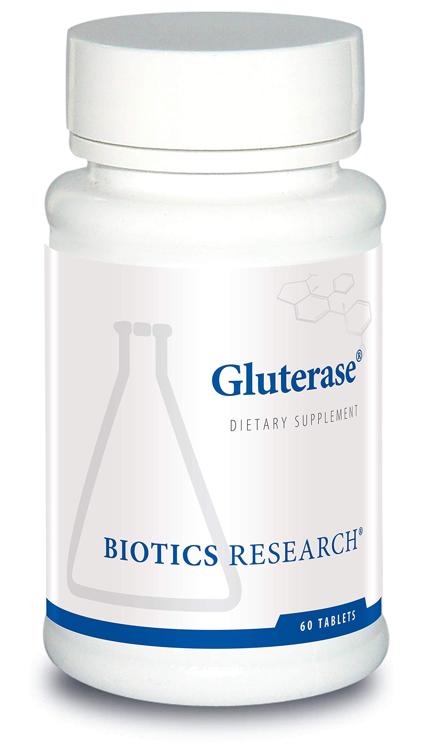Biotics Research Gluterase bottle front showcases gluten-digesting enzyme for gut support.