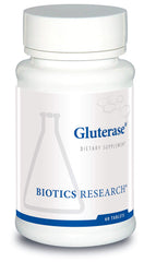 Biotics Research Gluterase bottle front showcases gluten-digesting enzyme for gut support.