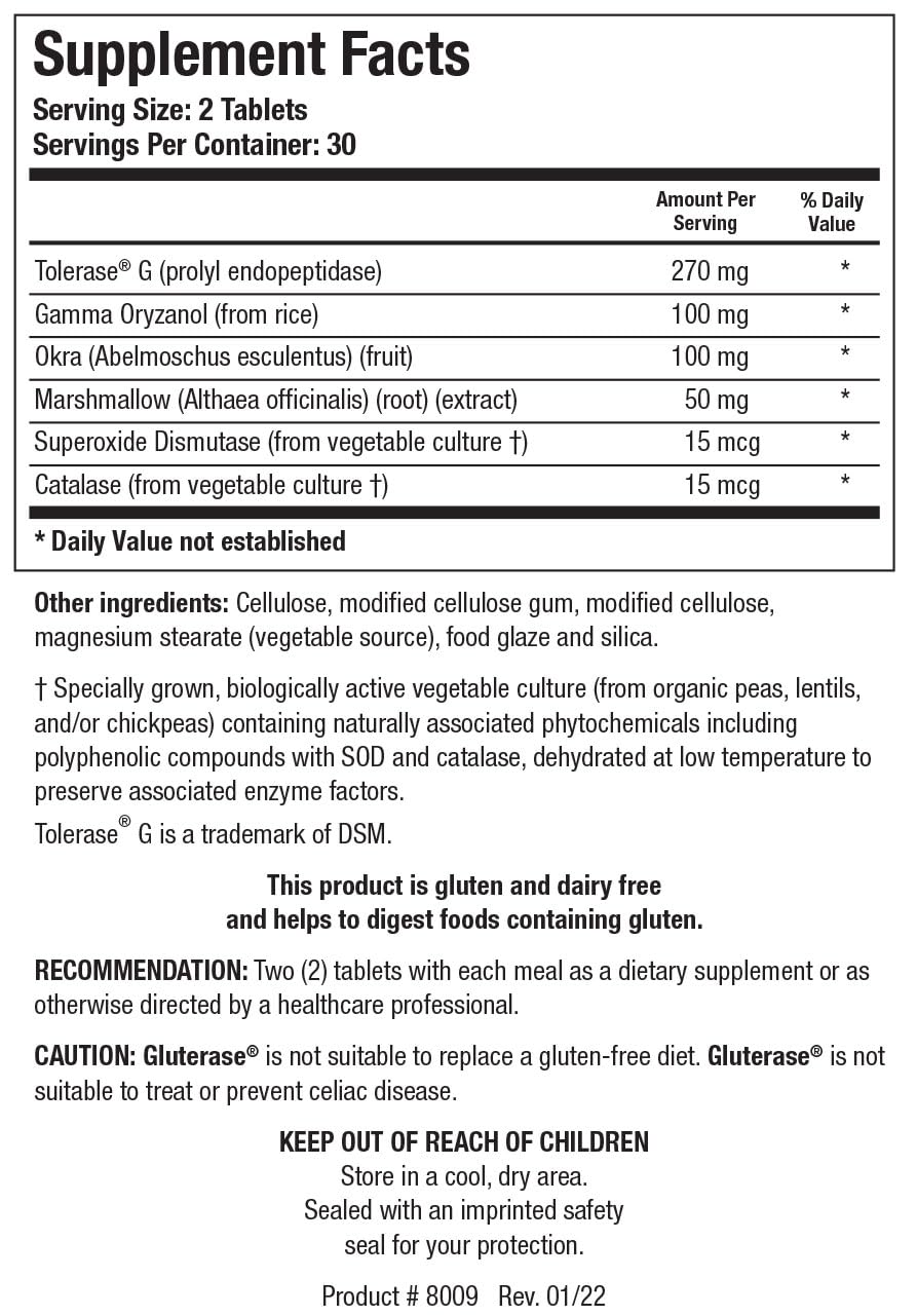Biotics Research Gluterase tablets close-up highlighting prolyl endopeptidase for gluten breakdown.