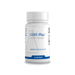 Biotics Research GSH Plus glutathione capsules bottle offering cellular antioxidant support.