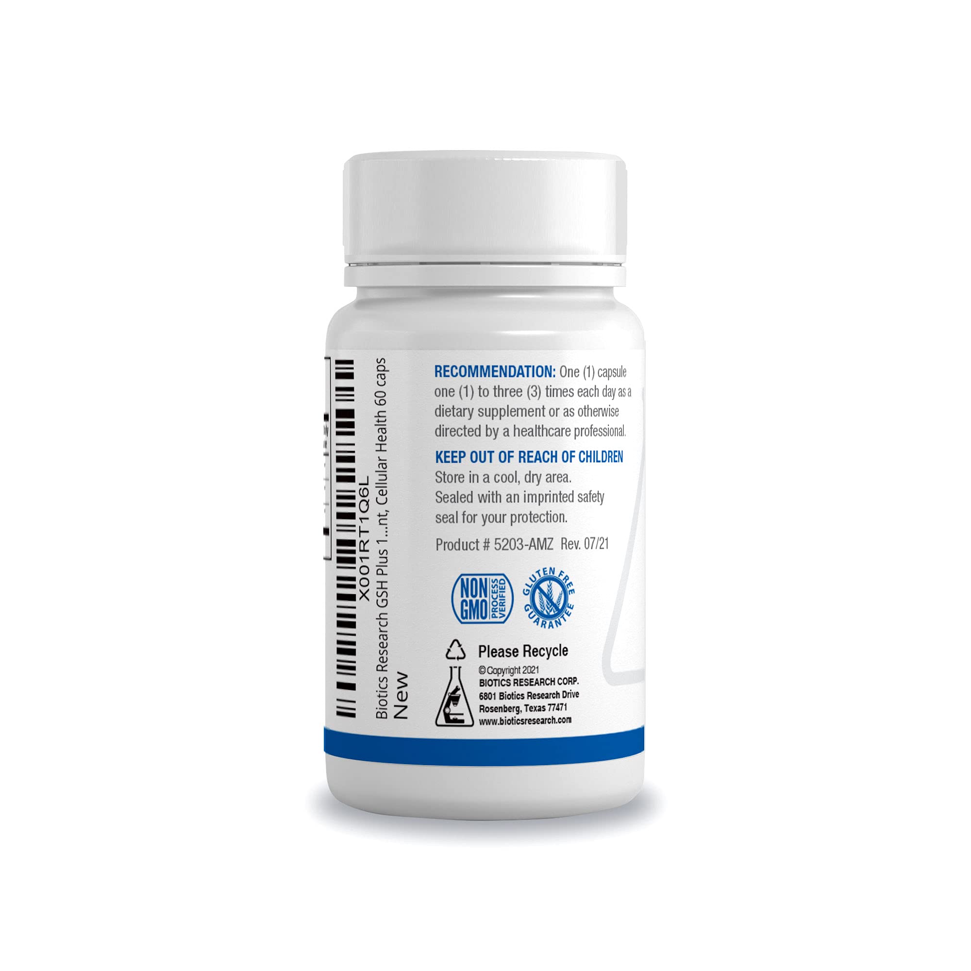 Biotics Research GSH Plus label close-up emphasizing quality and purity.