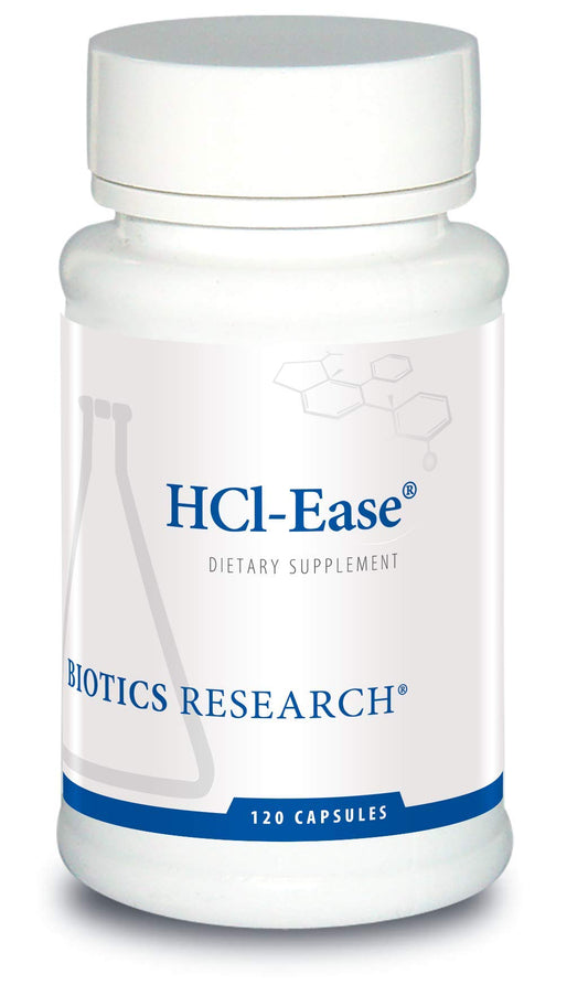 Biotics Research HCl-Ease bottle pouring demonstrates convenient digestive comfort.