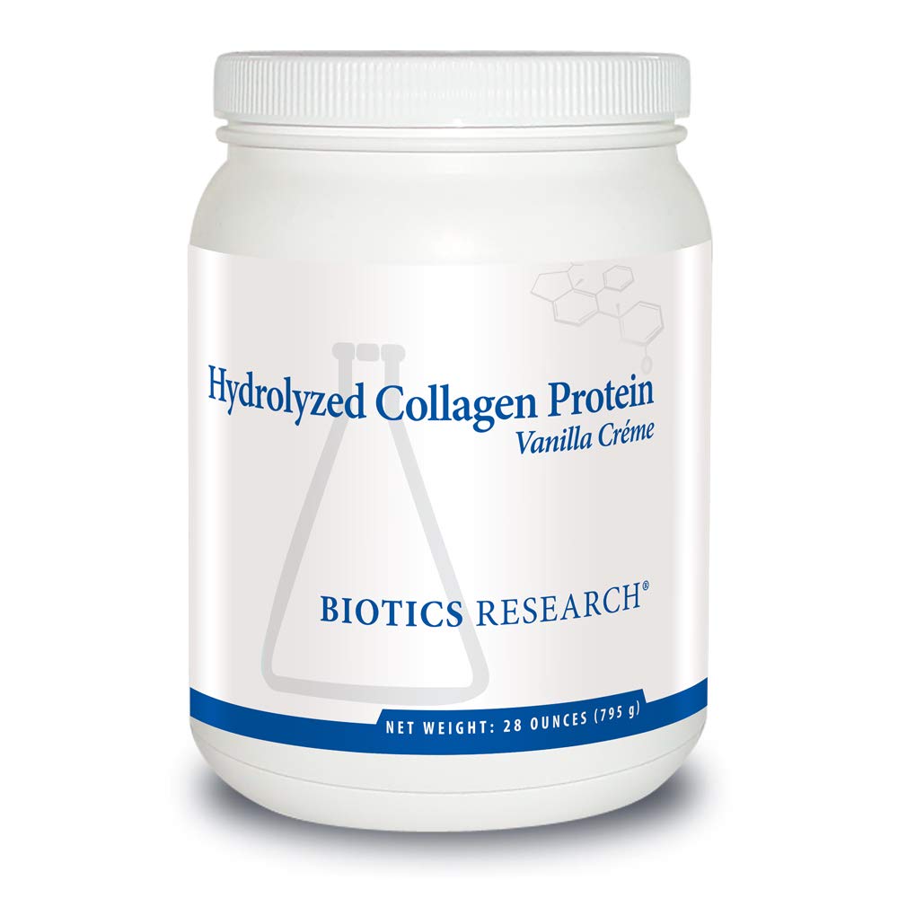 Biotics Research hydrolyzed collagen powder vanilla creme, easy digestion and protein support.