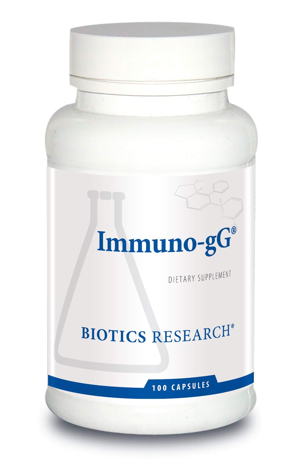 Biotics Research Immuno-gG bottle showing 240 mg colostrum for immune support and wellness