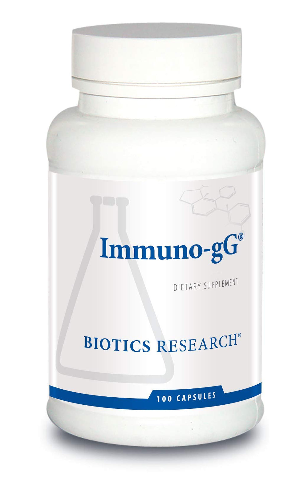 Biotics Research Immuno-gG bottle showing 240 mg colostrum for immune support and wellness