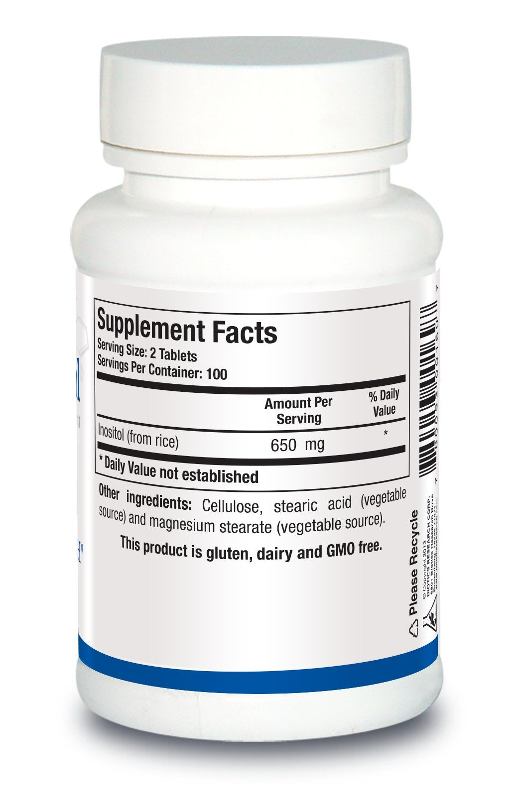 Biotics Research Inositol corn-free bottle back with safety and usage notes