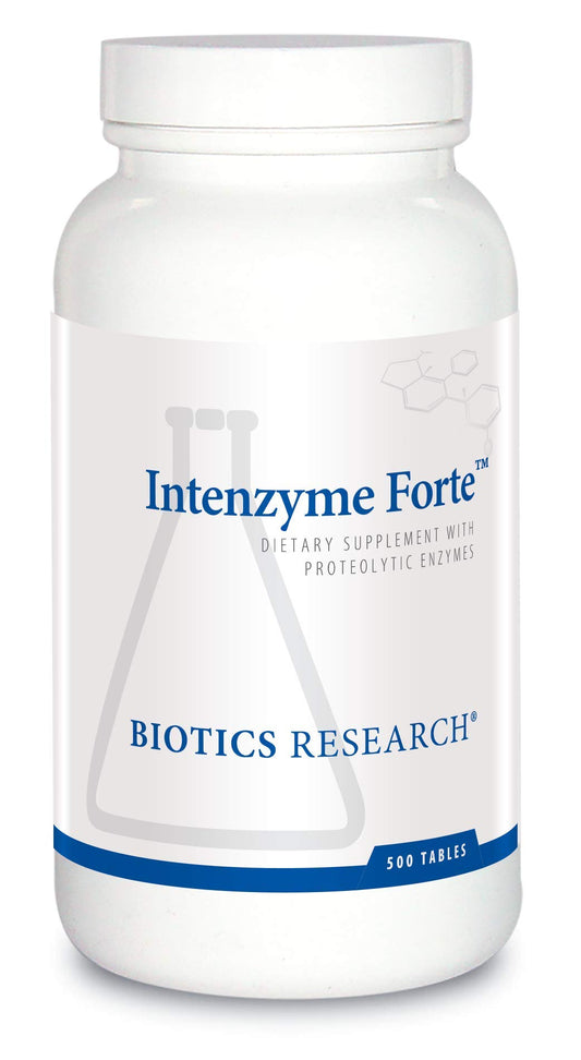 Biotics Research Intenzyme Forte bottle front view showing protein digestion support.