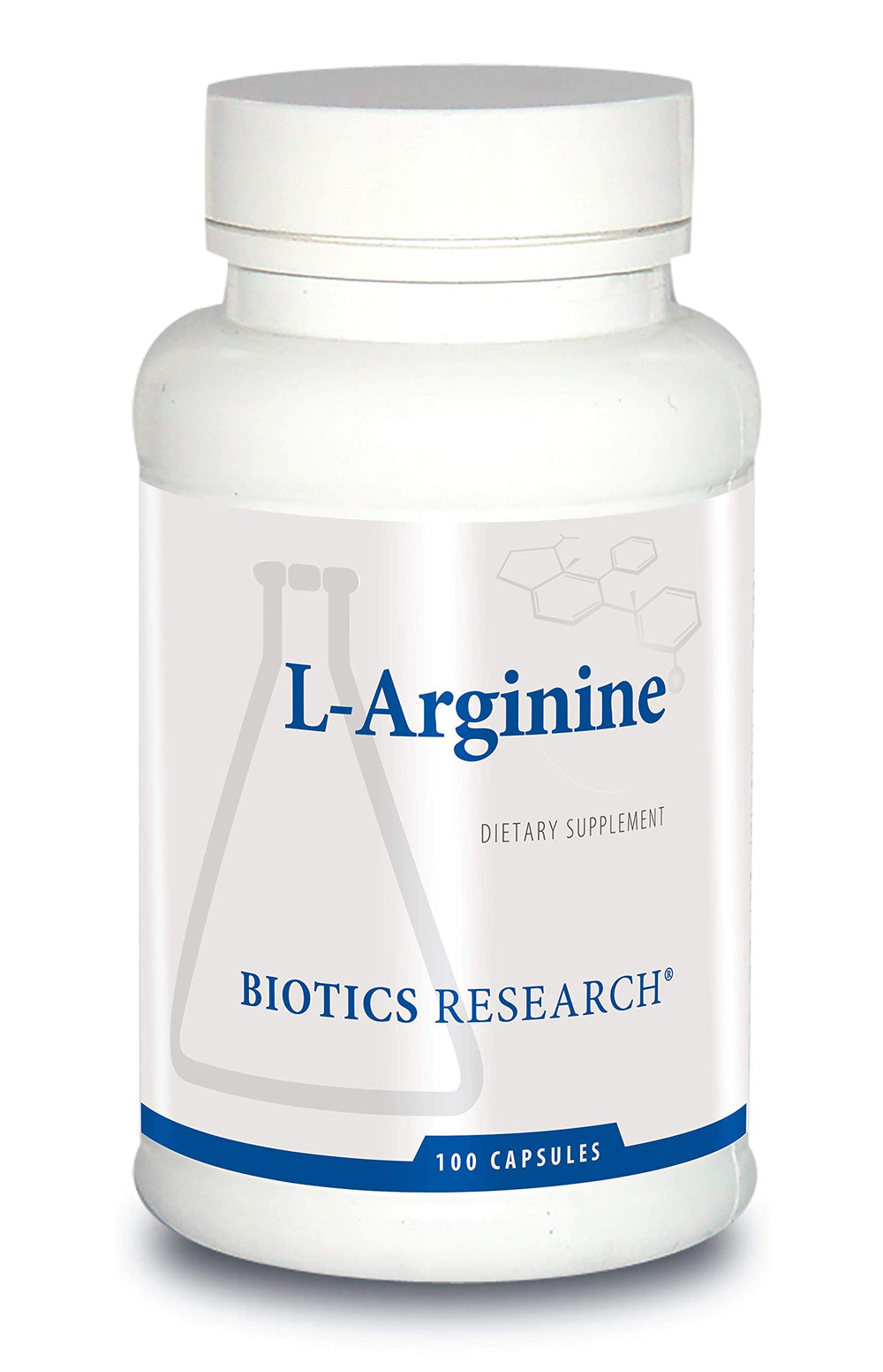Biotics Research L-Arginine bottle front, supporting cardiovascular health with amino acid formula.