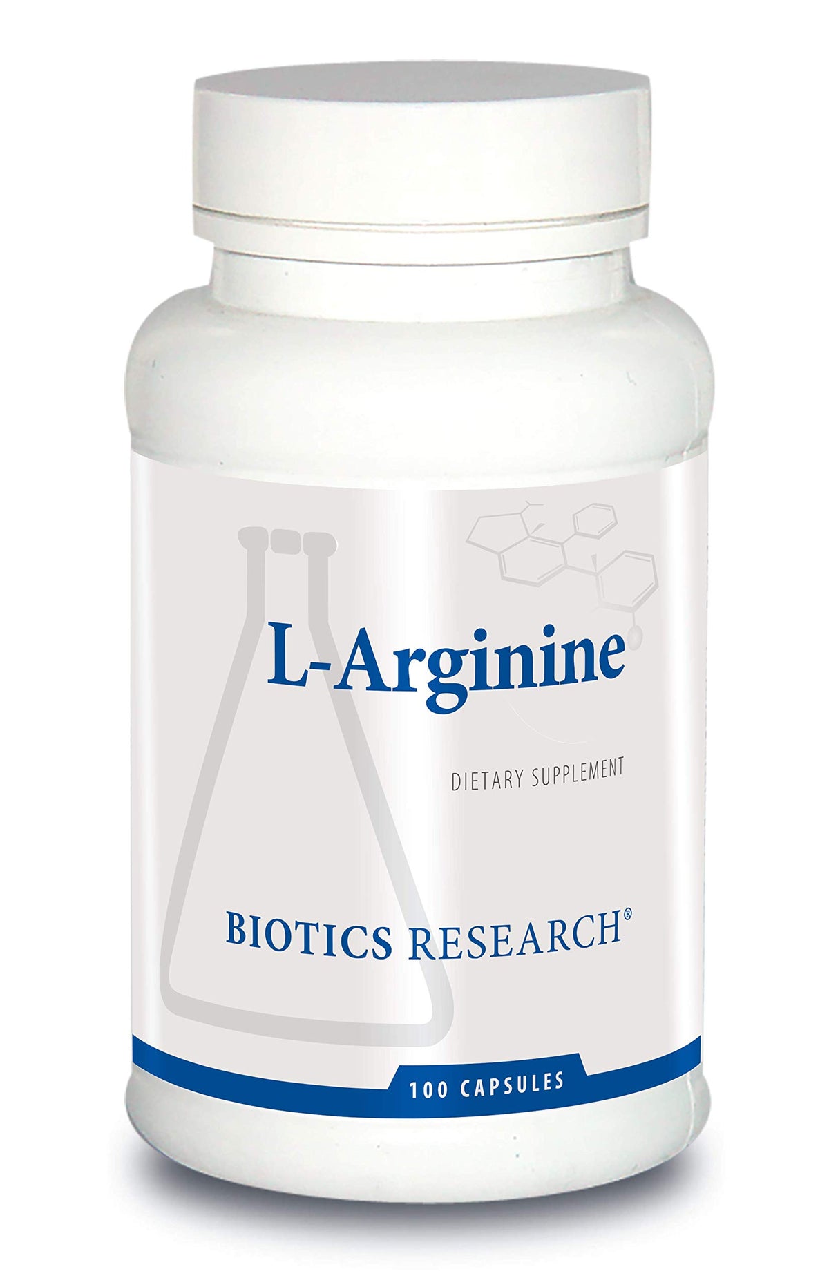 Biotics Research L-Arginine bottle front, supporting cardiovascular health with amino acid formula.