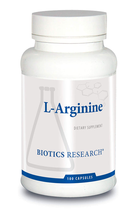Biotics Research L-Arginine bottle front, supporting cardiovascular health with amino acid formula.