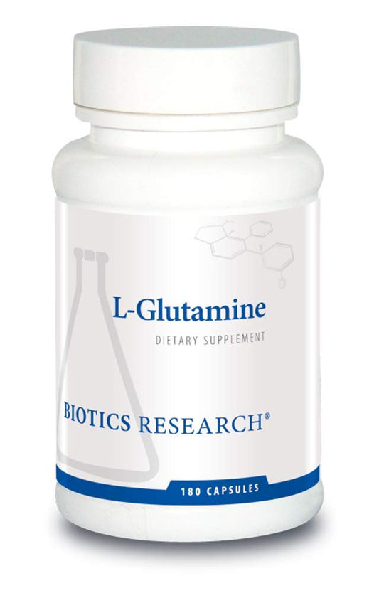 Biotics Research L-Glutamine bottle highlighting gut lining support