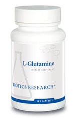 Biotics Research L-Glutamine bottle highlighting gut lining support