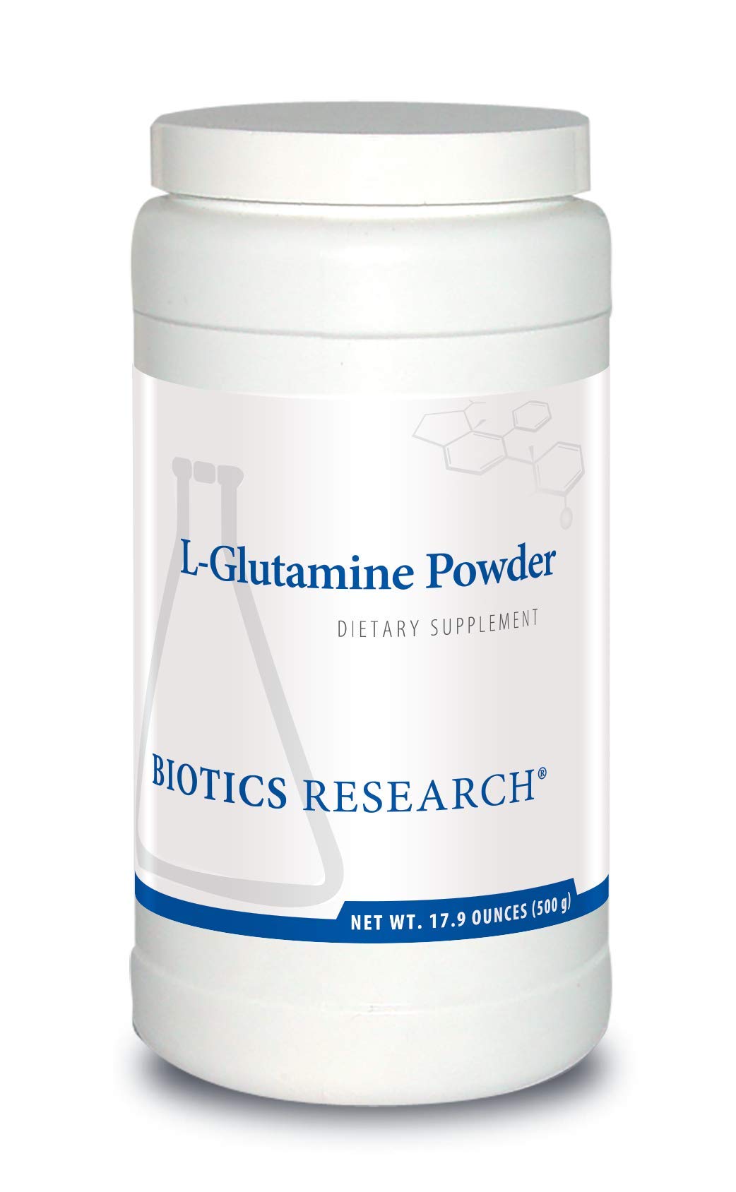 Biotics Research L-Glutamine Powder bottle pours to support gut lining and daily wellness