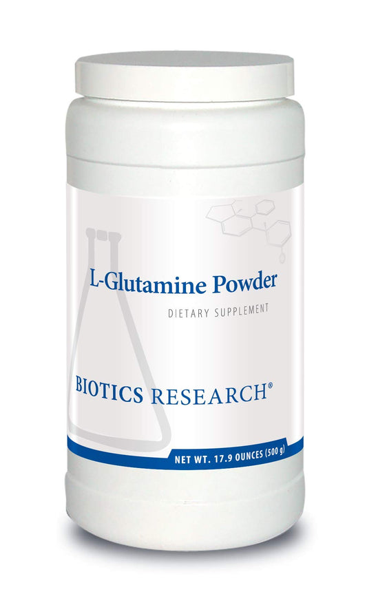 Biotics Research L-Glutamine Powder bottle pours to support gut lining and daily wellness