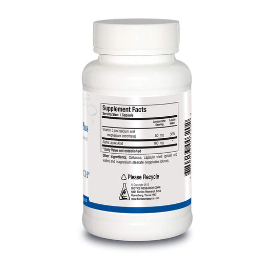 Biotics Research Lipoic Acid Plus capsules close-up highlighting texture and dosage for antioxidant support