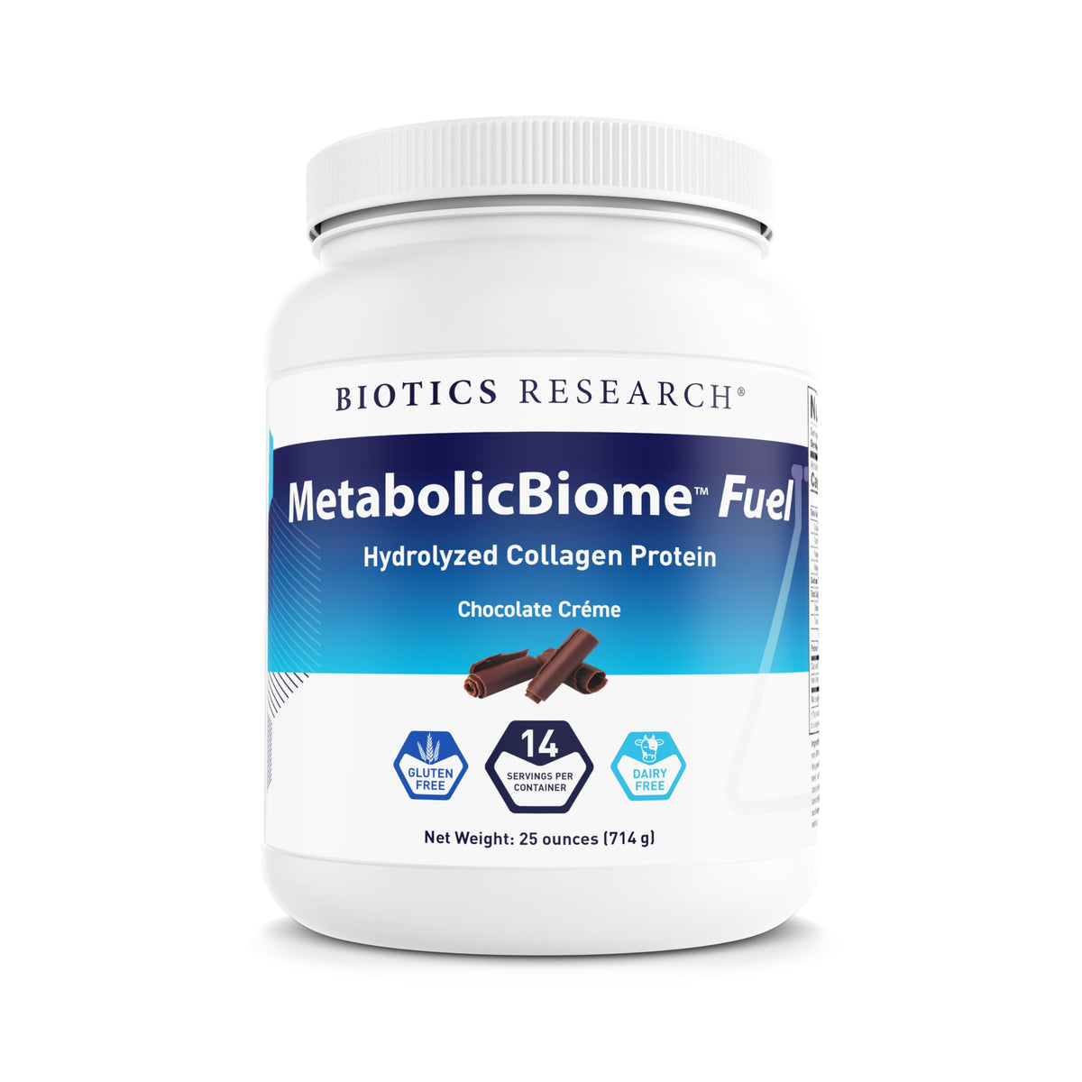 BIOTICS RESEARCH MetabolicBiome Fuel chocolate powder in tin with rich color and protein-rich potential