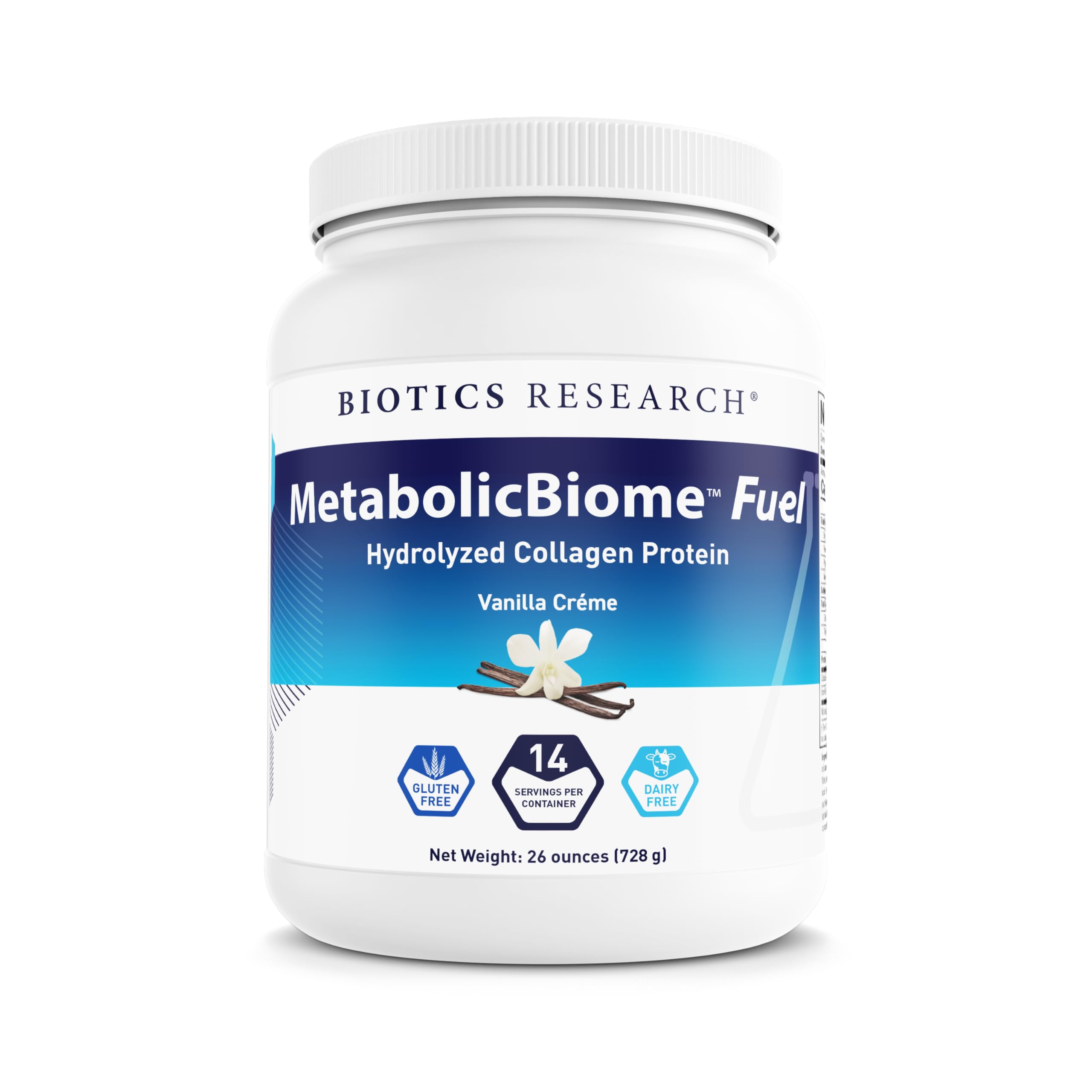 Biotics Research MetabolicBiome Fuel vanilla powder bottle for convenient daily protein support.