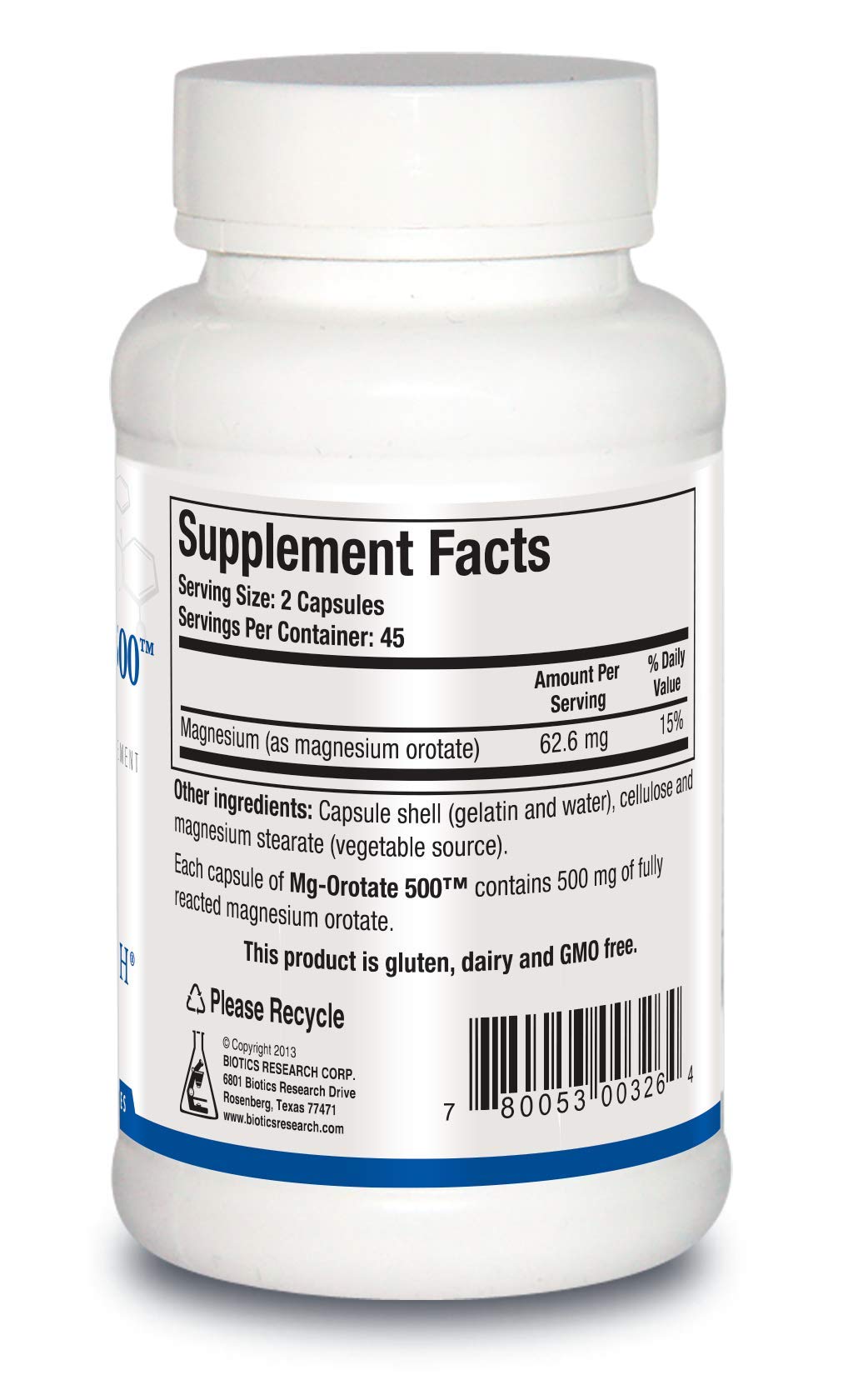 Biotics Research Mg Orotate bottle side panel with dosage information