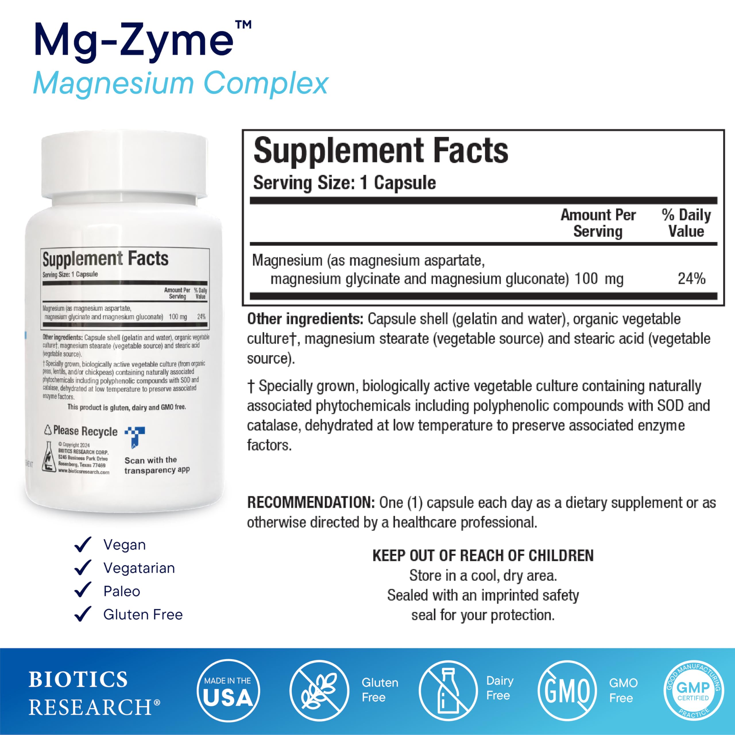 Biotics Research Mg-Zyme bottle back label detailing ingredients and dosage information.