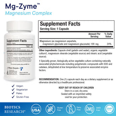 Biotics Research Mg-Zyme bottle back label detailing ingredients and dosage information.