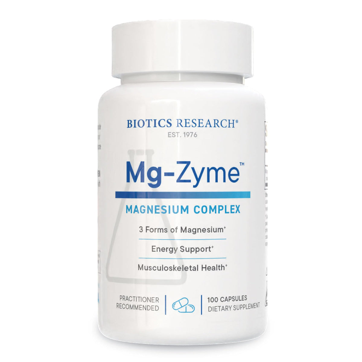 Biotics Research Mg-Zyme bottle front showing triple magnesium complex for daily wellness.