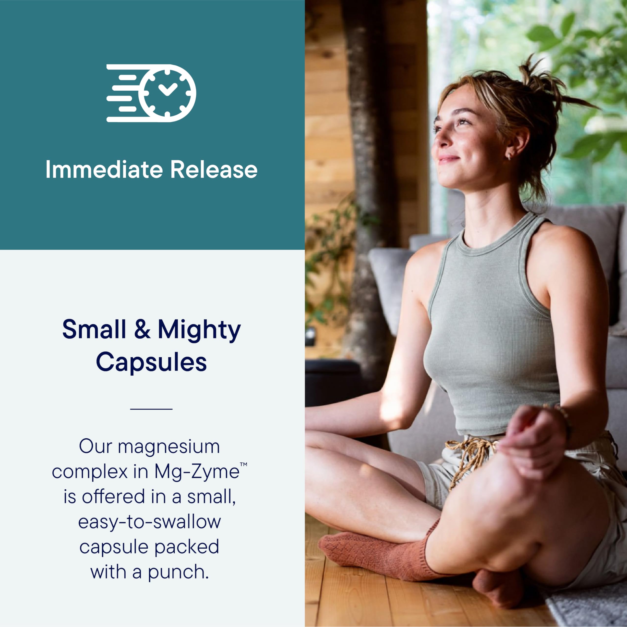 Mg-Zyme bottle with a glass of water suggesting sleep support.