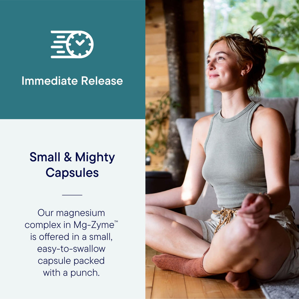Mg-Zyme bottle with a glass of water suggesting sleep support.