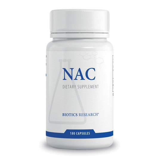 BIOTICS RESEARCH NAC bottle front with capsules highlighting glutathione support.
