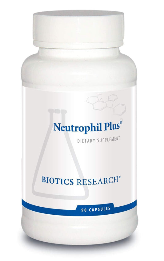 Biotics Research Neutrophil Plus bottle closeup emphasizing immune support ingredients