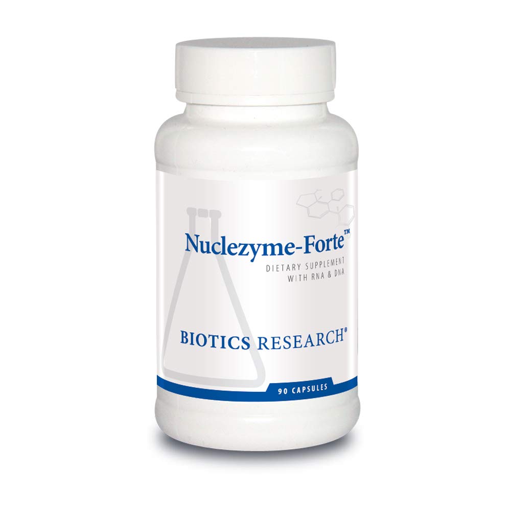Biotics Research Nuclezyme Forte bottle front showing RNA/DNA blend for daily wellness.