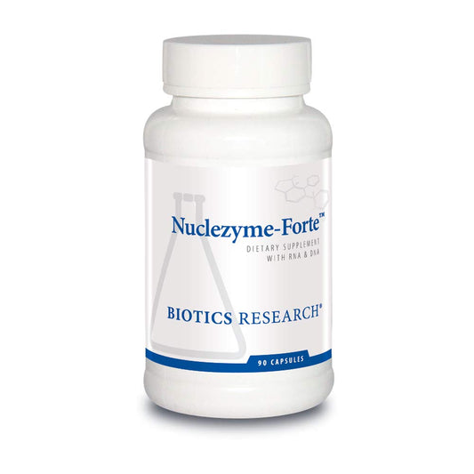 Biotics Research Nuclezyme Forte bottle front showing RNA/DNA blend for daily wellness.