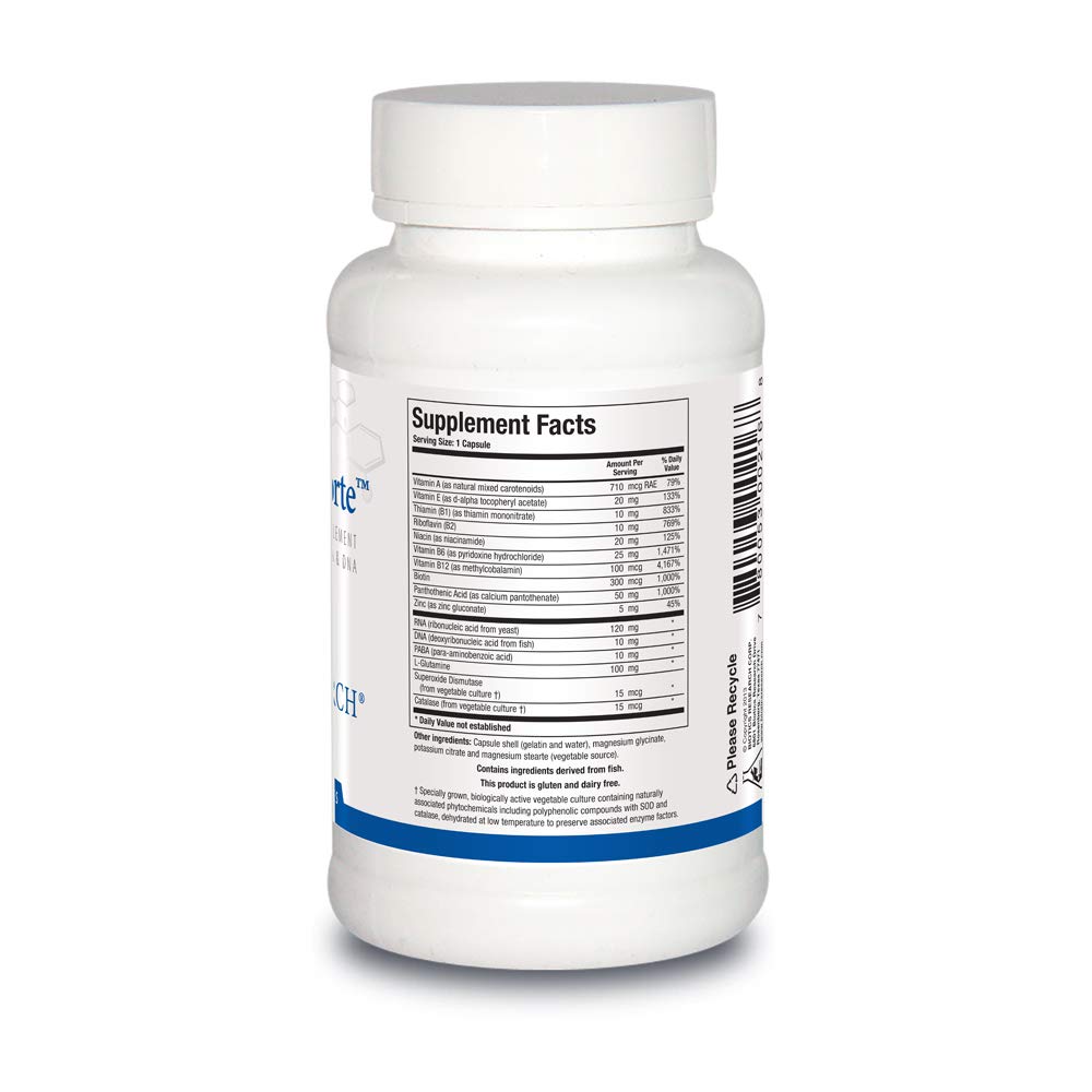 Biotics Research Nuclezyme Forte label closeup highlighting vitamins and minerals for aging support.