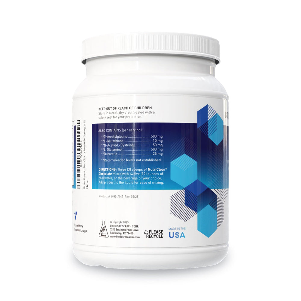 Biotics Research NutriClear Chocolate label close-up highlighting plant-based protein.
